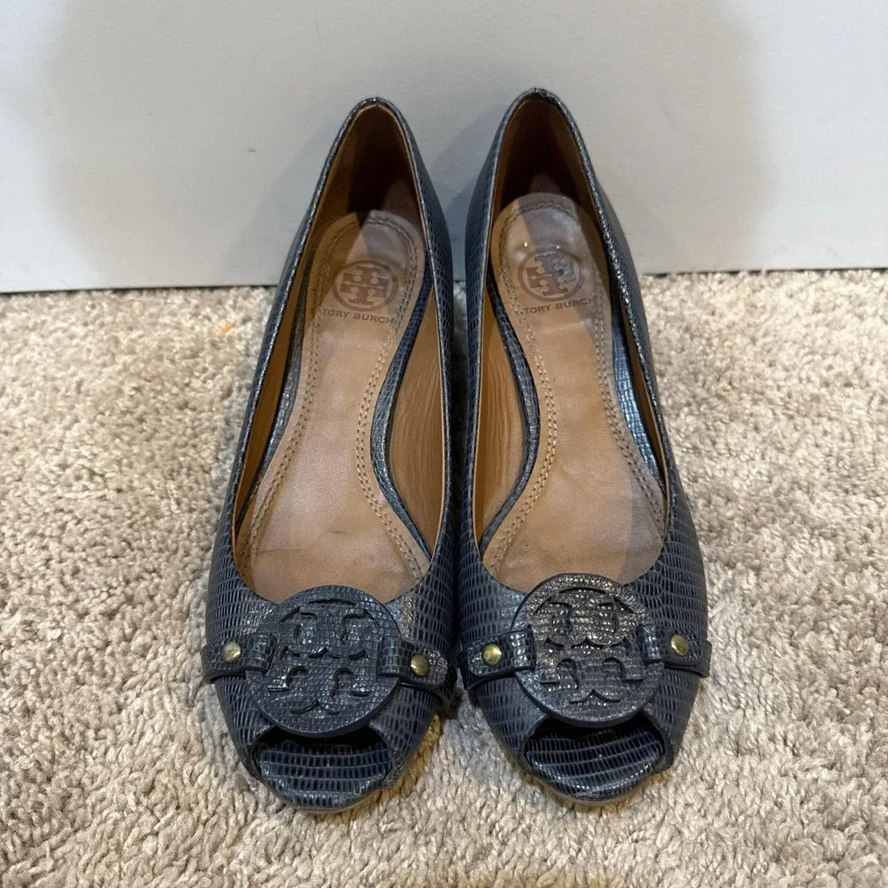 Tory Burch Shoes Womens Size 6.5 Blue Leather Wedge Peep Toe Logo Pumps